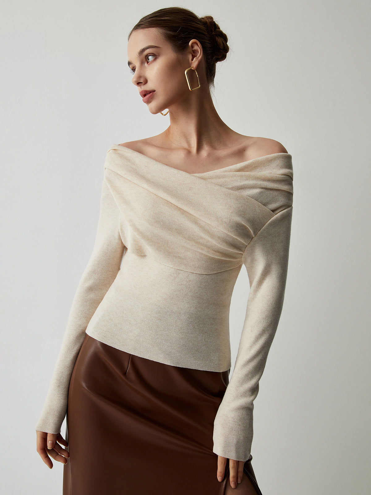 Off Shoulder Wrap Long Sleeve Knit Top