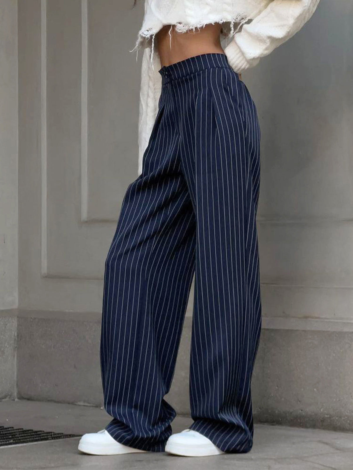 Pinstripe Pleated Wide Leg Dress Pants