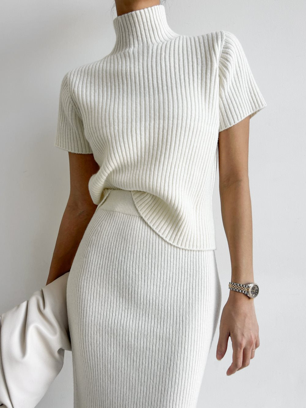 Solid High Neck Split Ribbed Knit Two Pieces Skirt Set