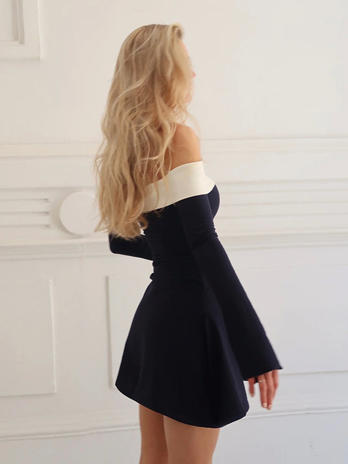 Color Block Off-Shoulder Long Sleeve Short Dress