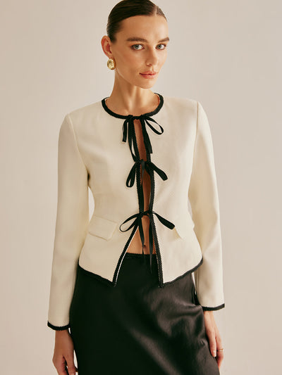 Contrast Trim Tie Front Blazer