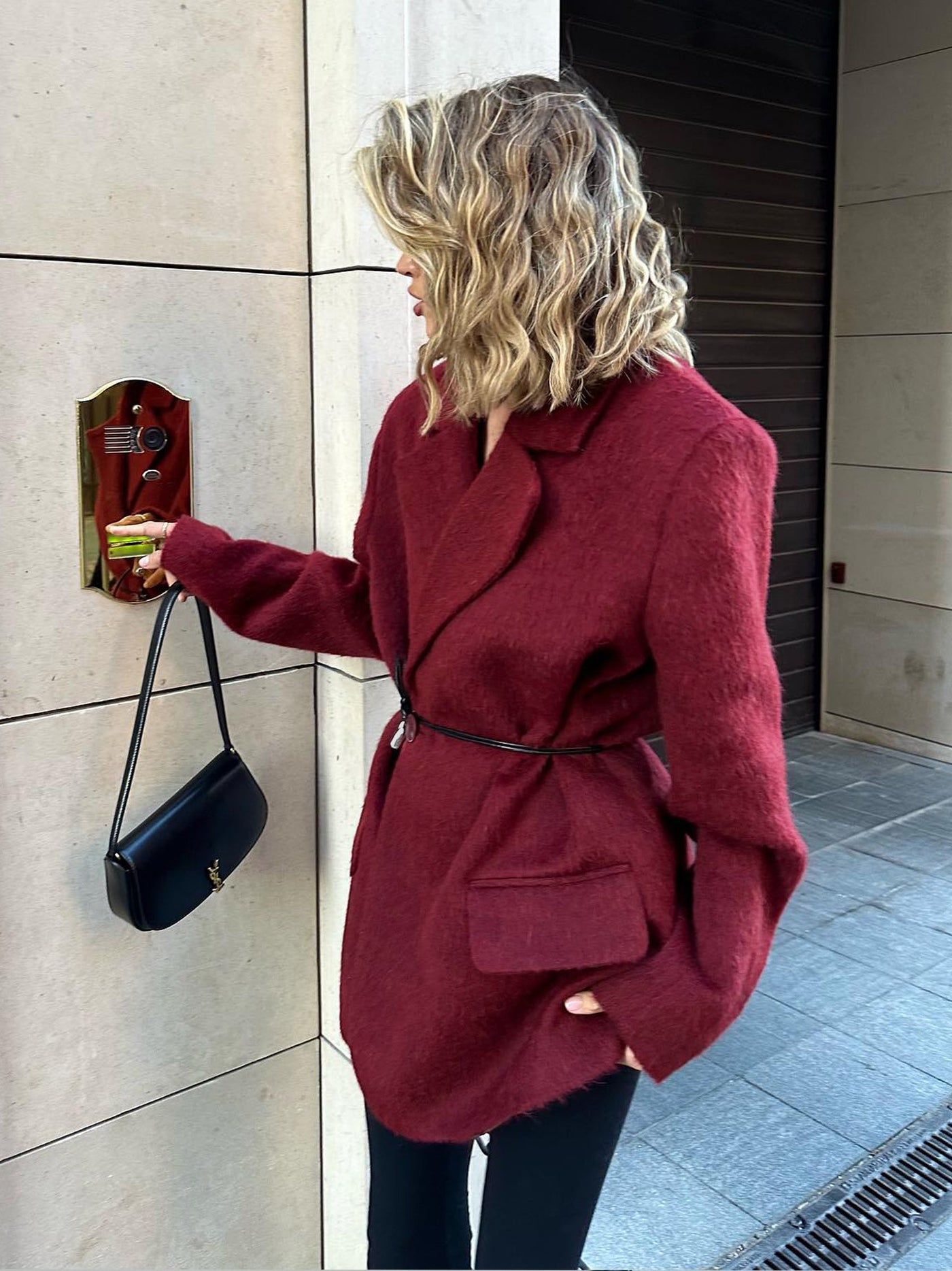 Wool-Blend Belted Blazer With Shoulder Pads