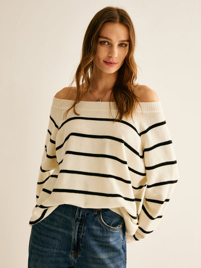 Off Shoulder Striped Pullover Sweater