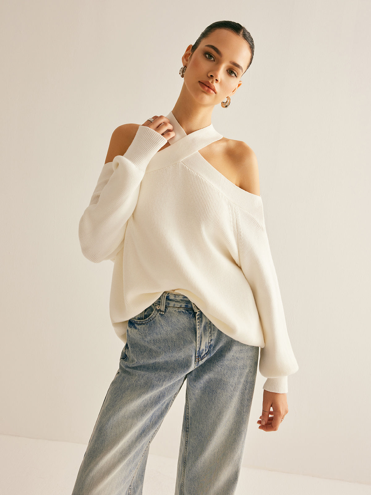 Cross-Over Collar Cold-Shoulder Sweater