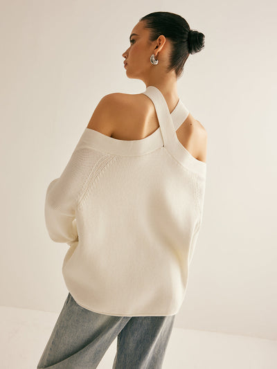 Cross-Over Collar Cold-Shoulder Sweater