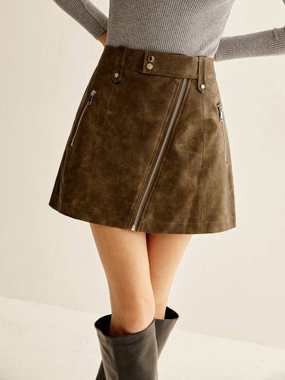 Asymmetrical Zipper Pockets Faux Leather Skirt